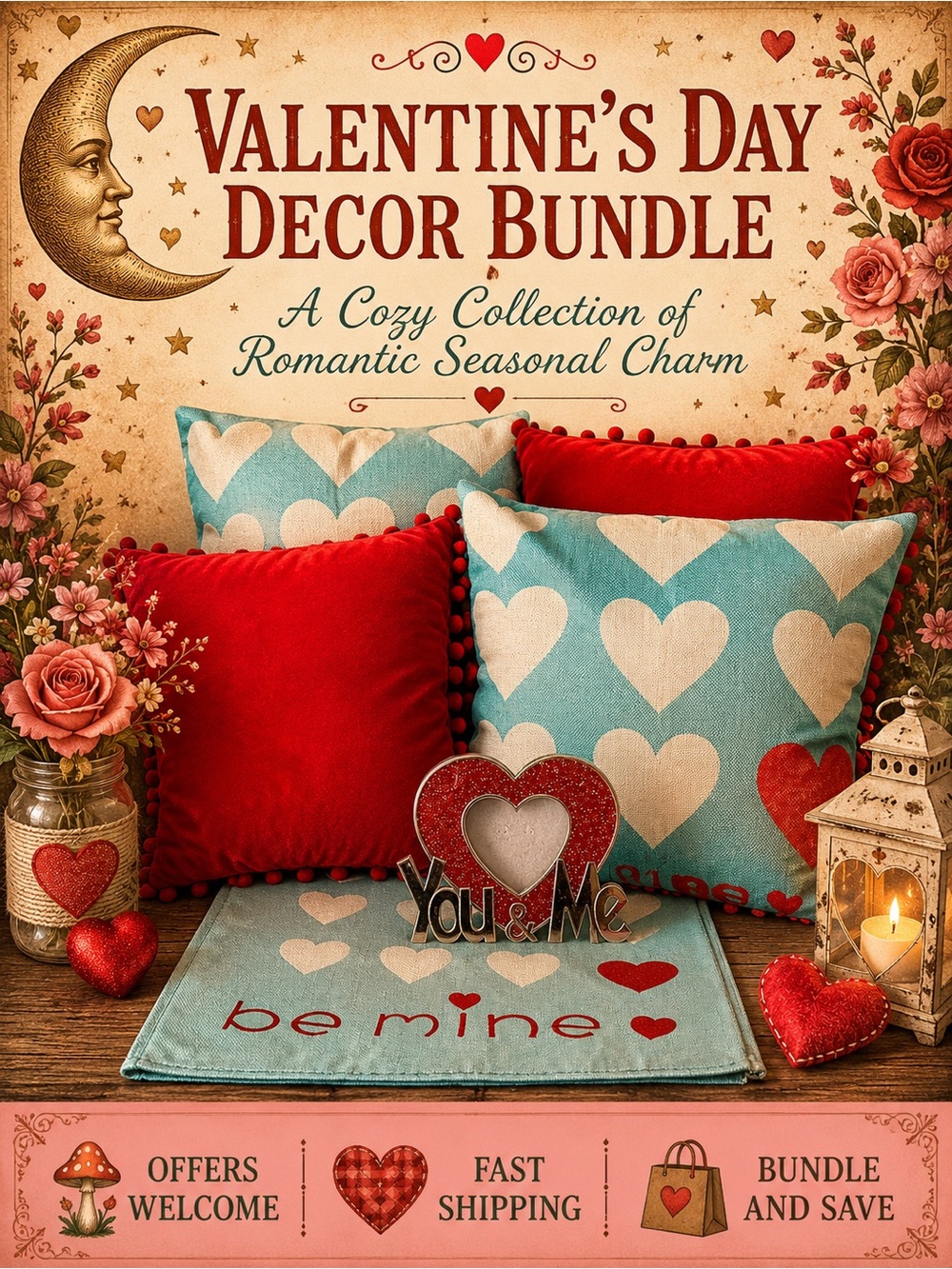 Valentine Decor Bundle Heart Pillow Covers Velvet Pillows Table Runner Frame
